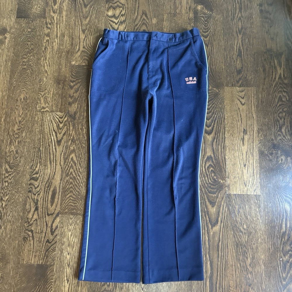 Vtg 80s Adidas USA Olympic Track Pants Navy Blue White Stripe Baggy Taiwan Made